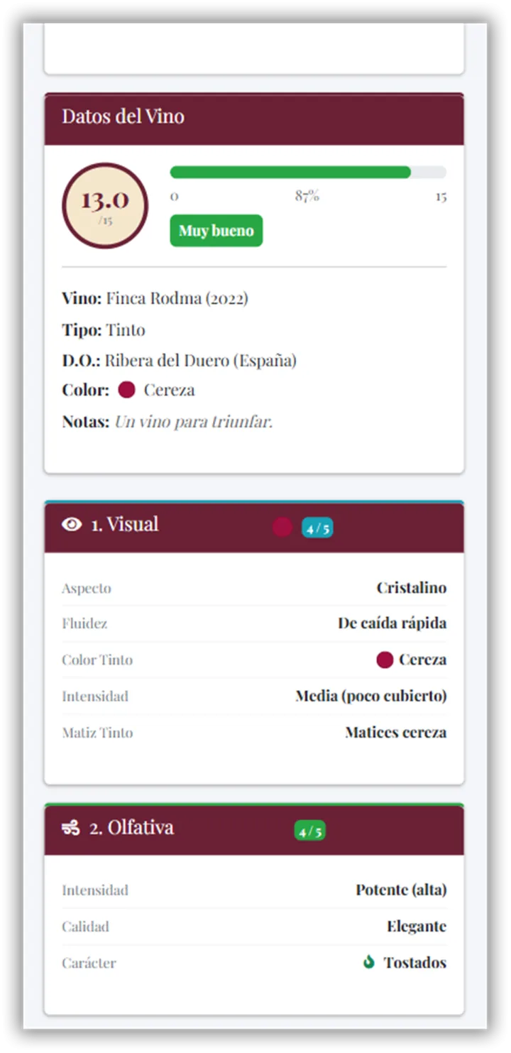 Formulario de cata de vino en móvil