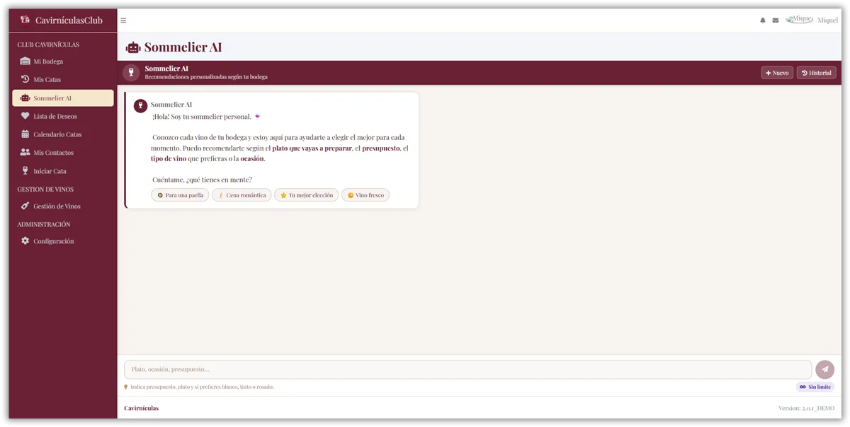 Chat con el sommelier IA de Cavirnículas en escritorio