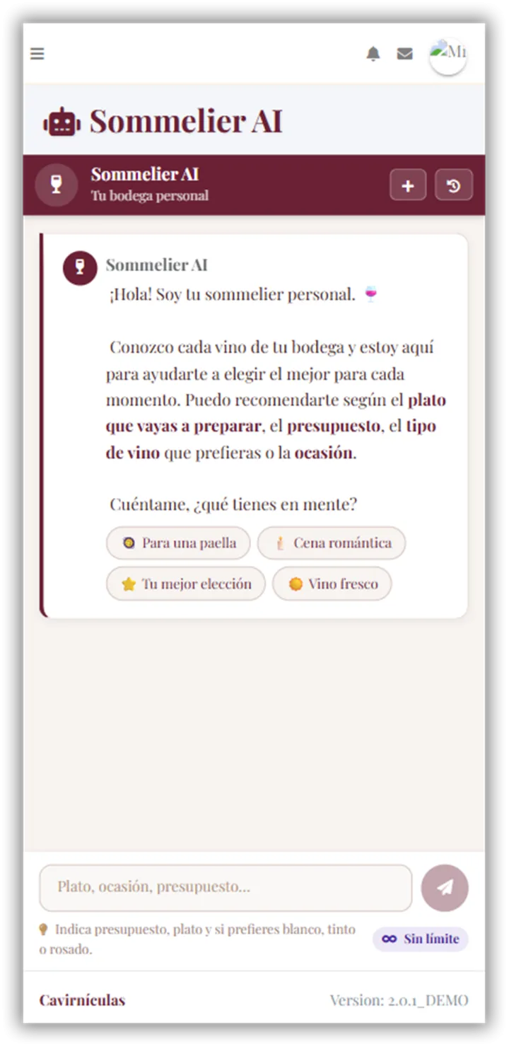 Chat con el sommelier IA de Cavirnículas en móvil